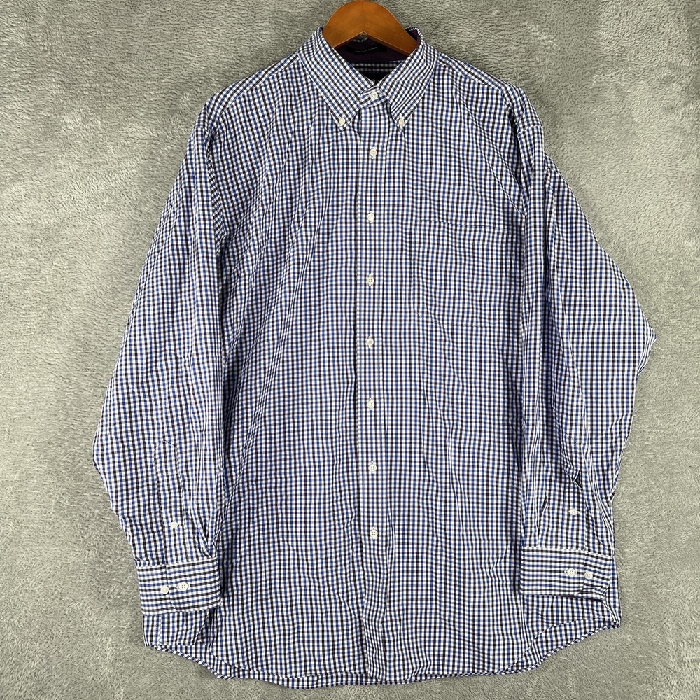 Paul Fredrick Button‎ Down Shirt Mens 18x35 Blue Gingham Classic Non Iron Cotton